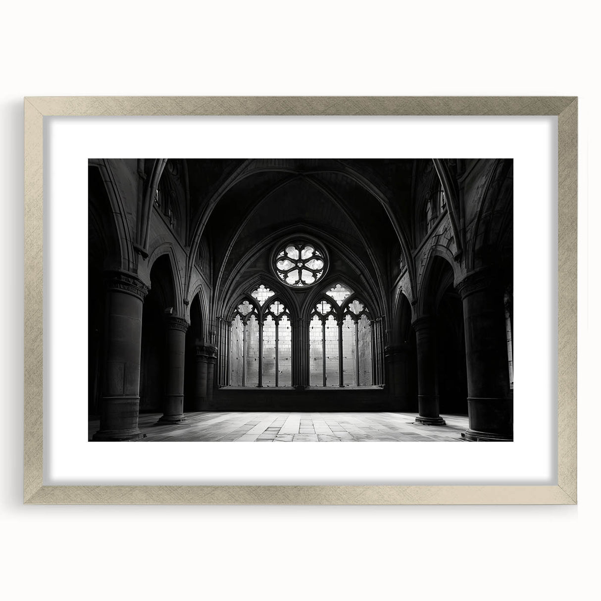 Abstract art print of a church in muted gray and silver tones on a framed canvas, suitable for dining room decor.