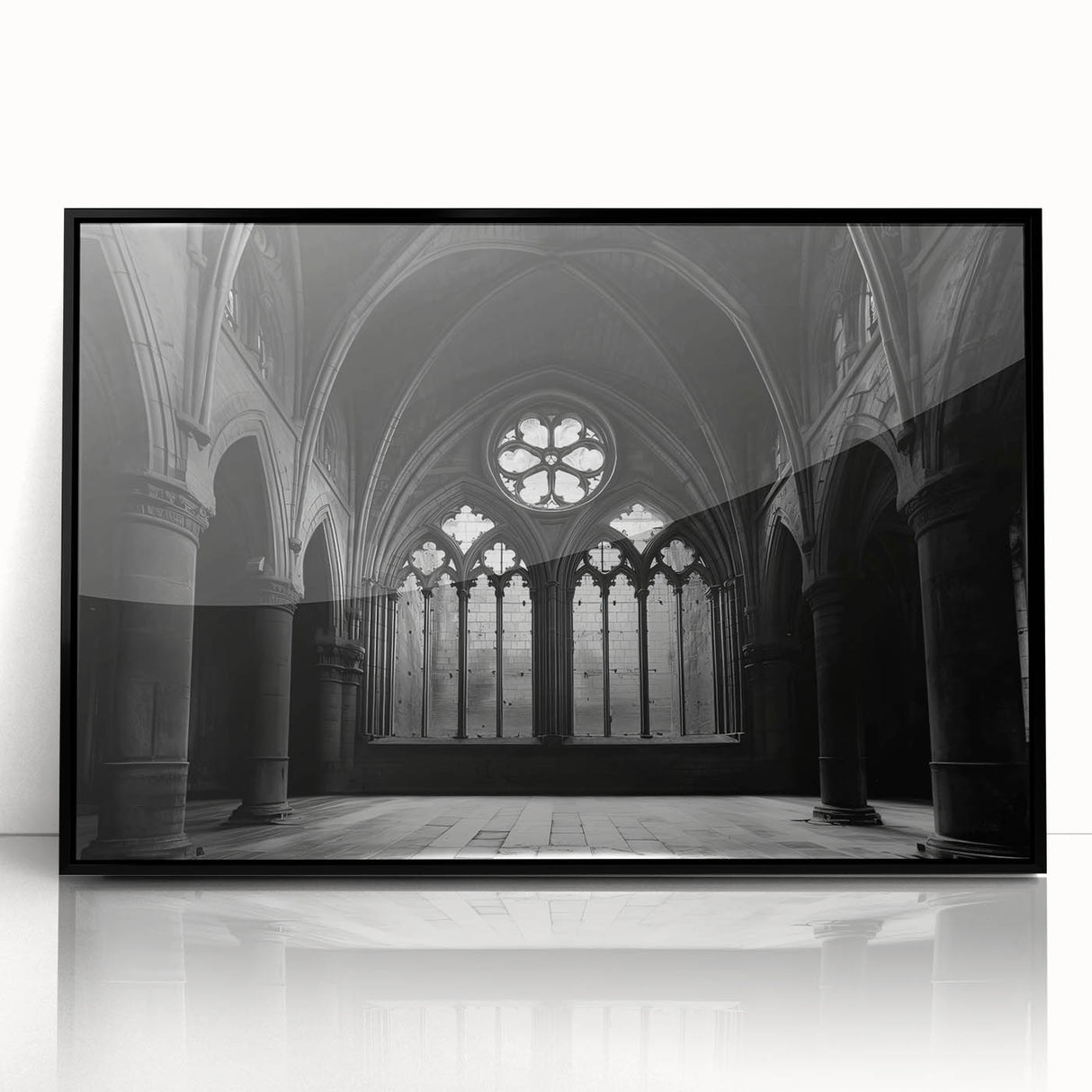 Large abstract wall art depicting a mid-century modernist church in muted gray and blue tones, framed in black acrylic.