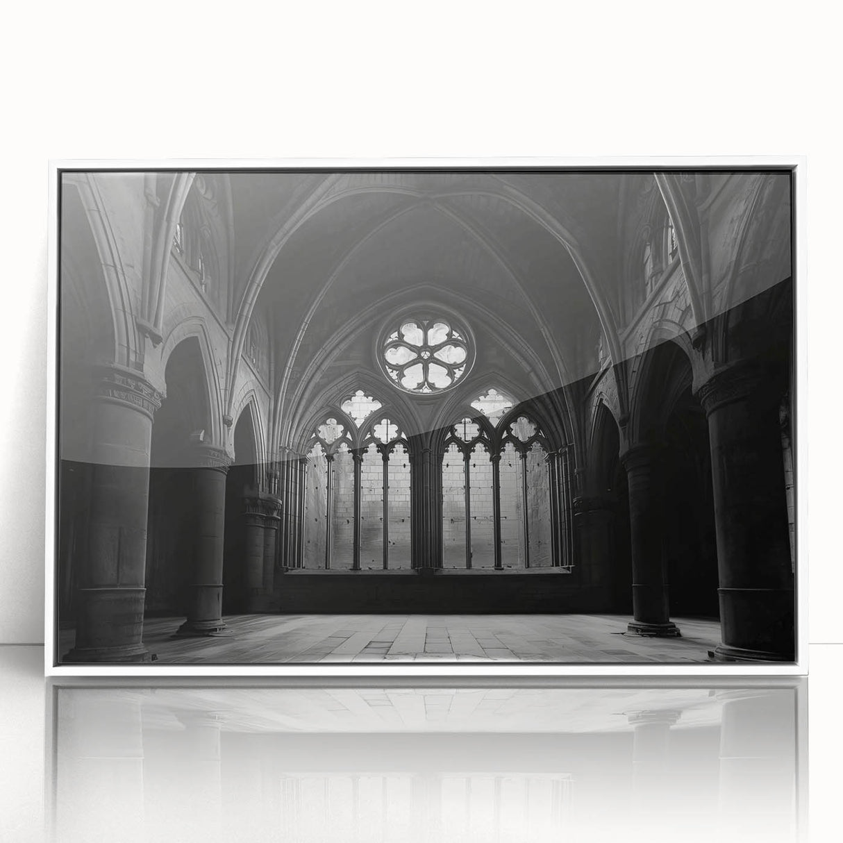 Mid-century modernist church design in muted gray and white tones on a framed acrylic, ideal for nursery wall art.