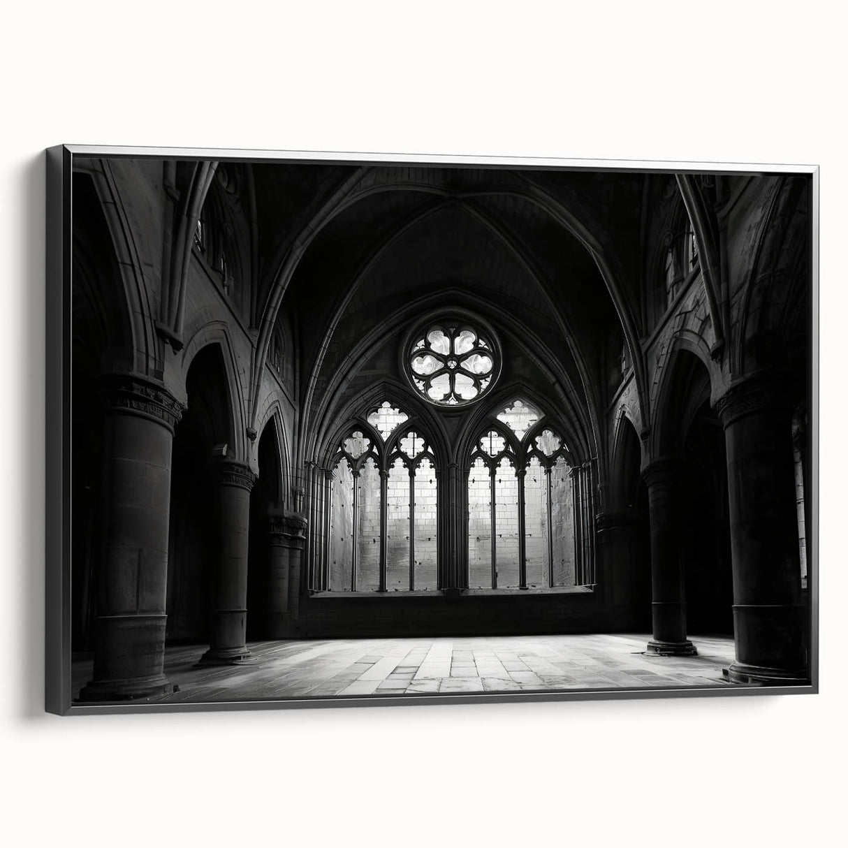 Black and white framed canvas of a vintage church landscape, ideal for bedroom wall art.