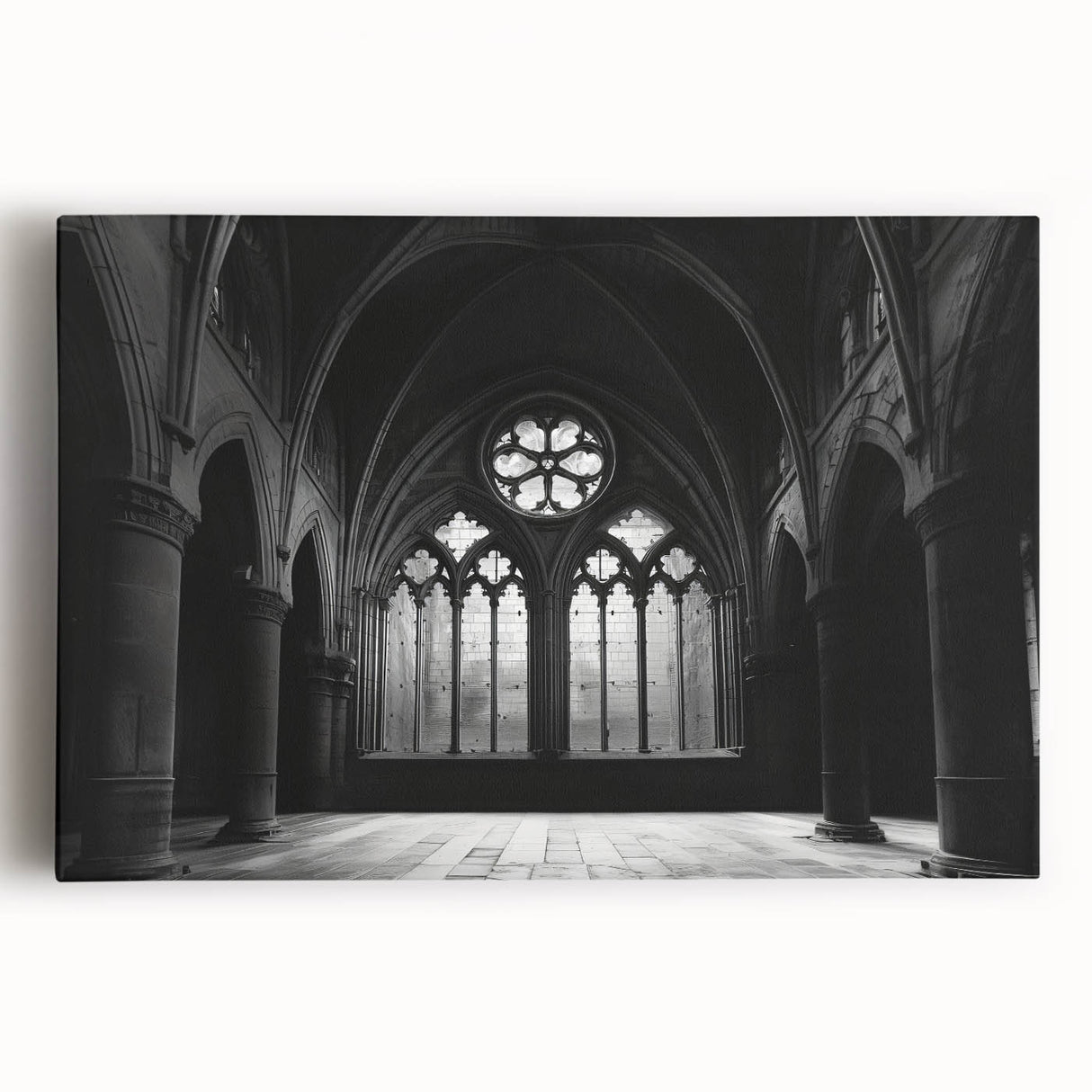 Large black and white photo of a church, printed on stretched canvas, suitable for kitchen wall art.