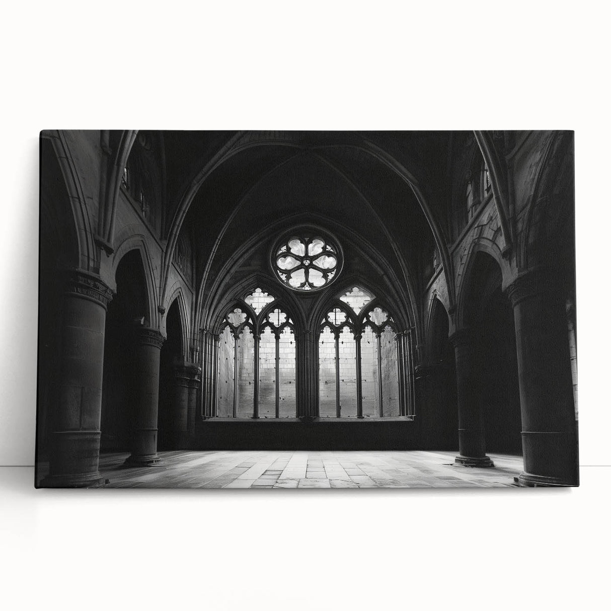 Large black and white photo of a church on stretched canvas, ideal for kitchen wall art or bedroom decor.