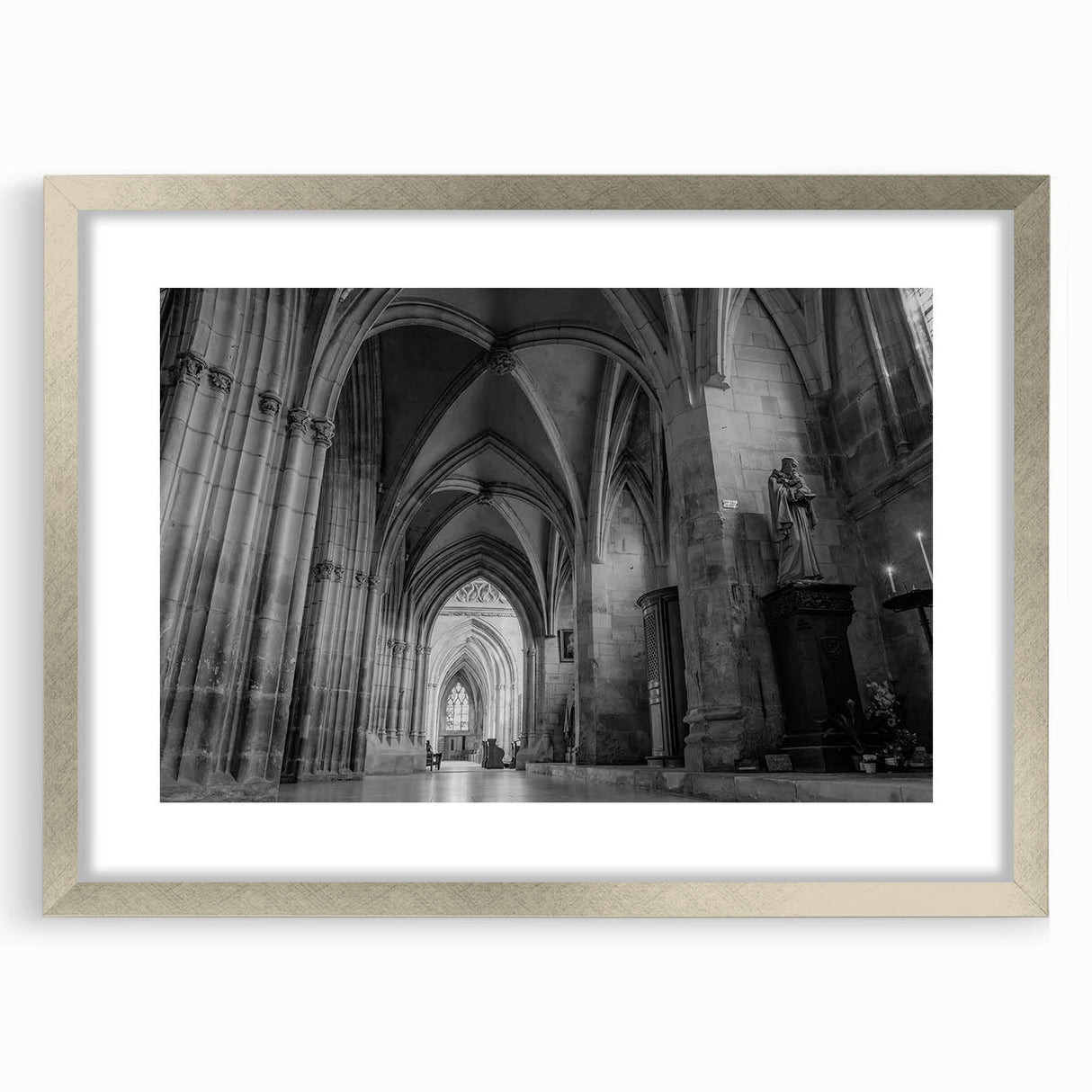 Abstract art print of a church in muted silver and gray tones on a framed canvas, ideal for dining room decor.