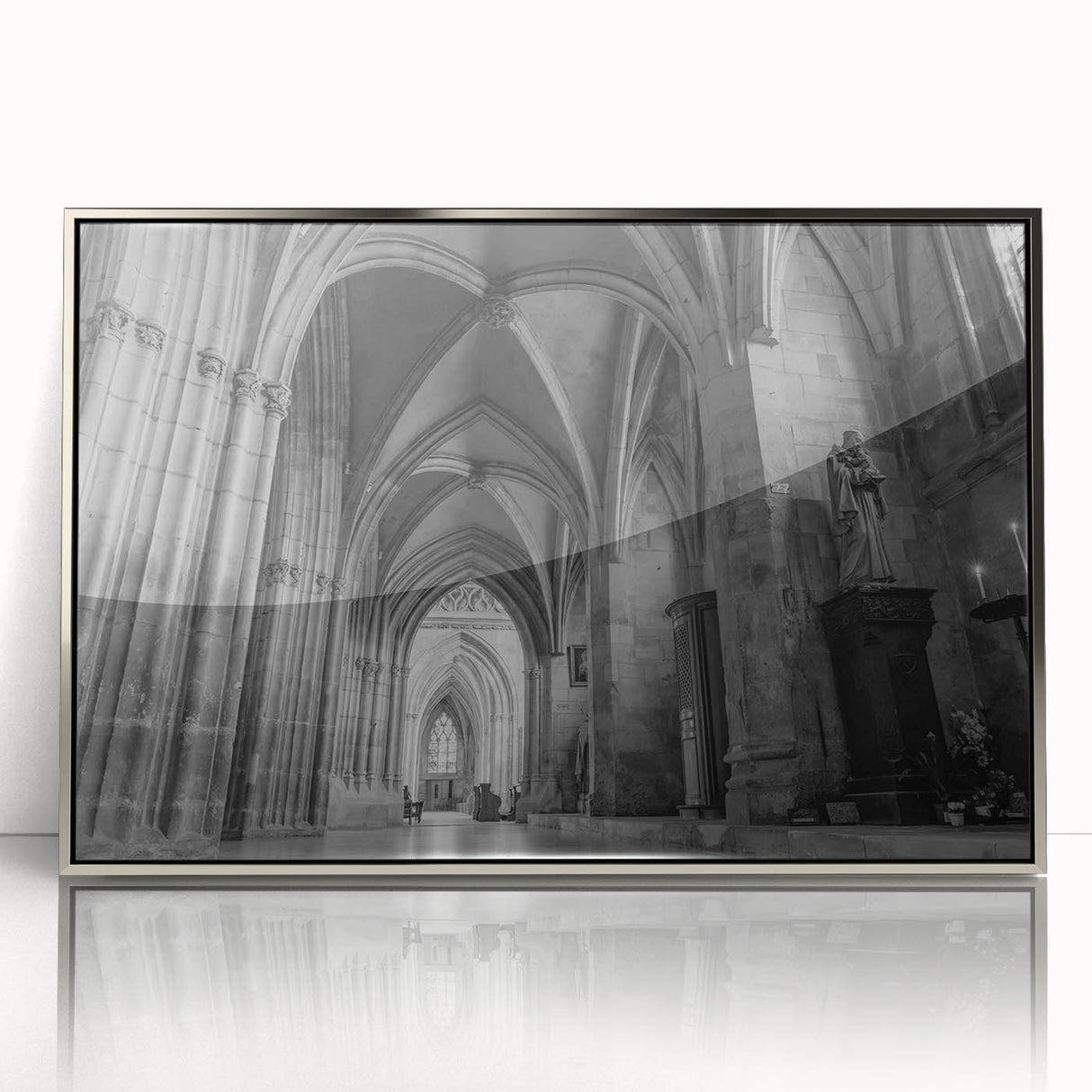 Art deco poster of a church in muted silver and gray tones on framed acrylic, suitable for modern nursery decor.