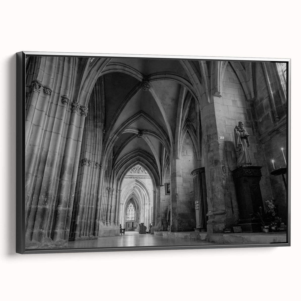 Black and white landscape art painting of a church, presented on a framed canvas, suitable for bedroom decor.