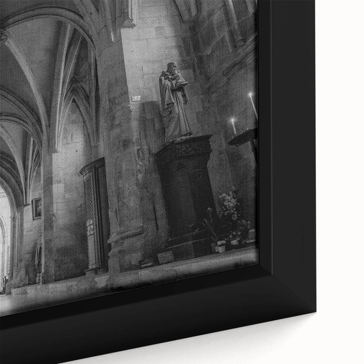 Black wall art featuring a textured, colorful church design on a large framed canvas, ideal for living room decor.