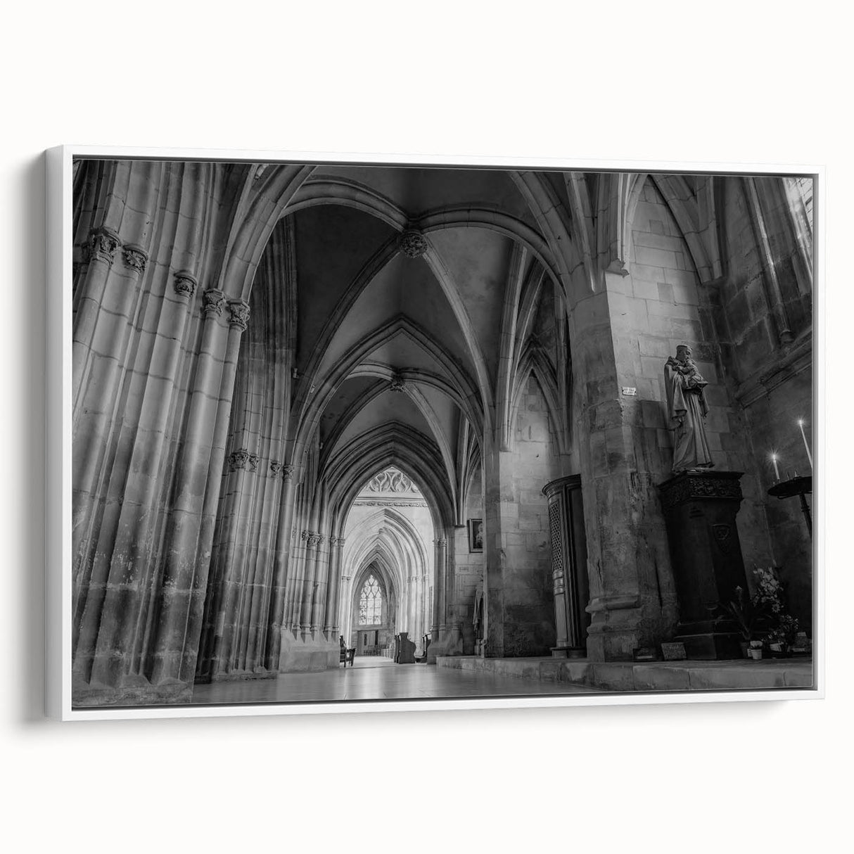 Framed canvas featuring a vintage-style black and white landscape painting of a church, ideal for bedroom wall art.