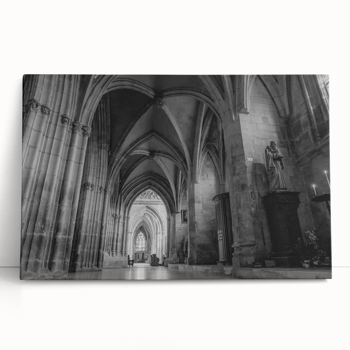 Black and white photo of a church, printed on stretched canvas, suitable as kitchen wall art or for bedroom ambiance.