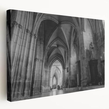 Large stretched canvas depicting a panoramic church interior in muted earth tones, ideal for kitchen wall art.