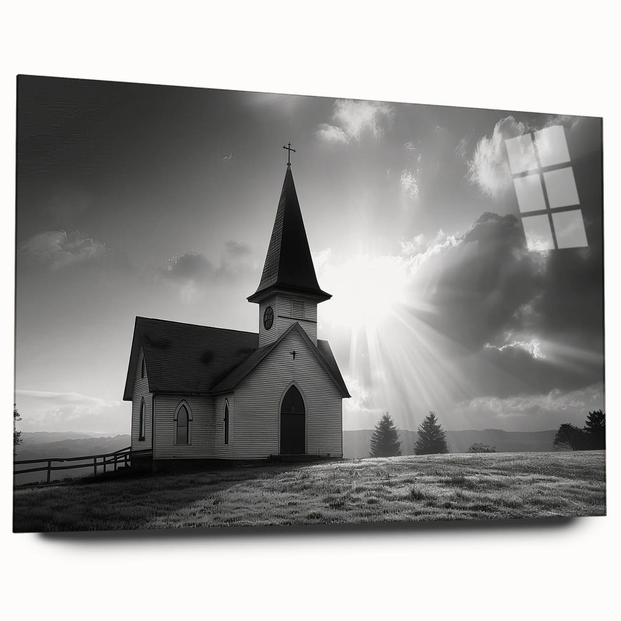 Large abstract wall art on acrylic glass depicting a geometric church design in cool blue and gray tones.