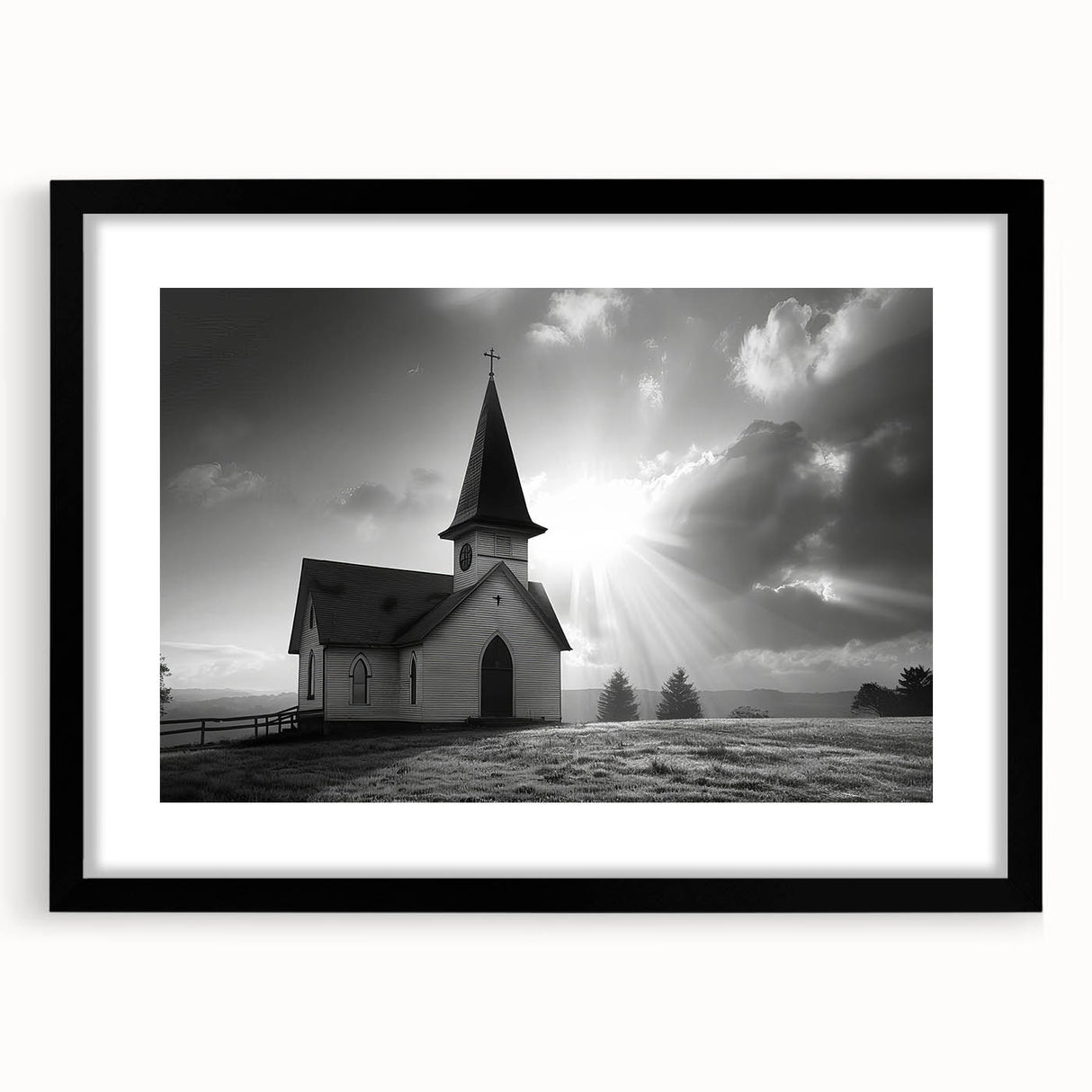 Abstract art print featuring a textured, colorful church design in a black frame, ideal for extra large living room wall art.