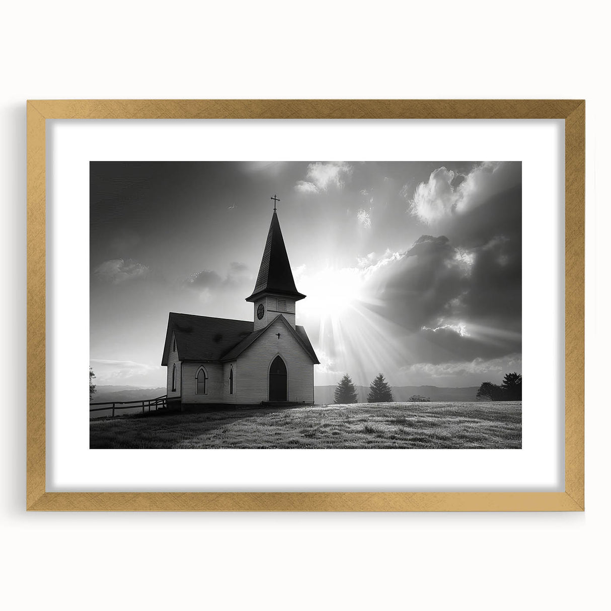 Textured abstract art print of a church in muted gold and white tones on a framed canvas, suitable for bedroom decor.