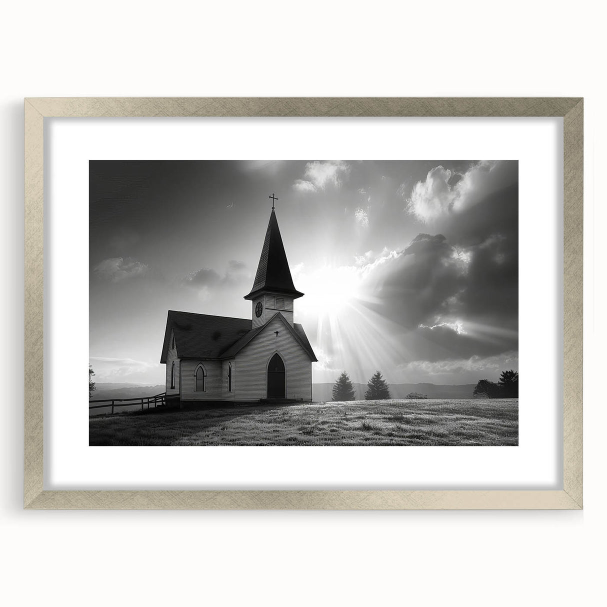Abstract art print of a church in muted gray and silver tones on a framed poster, ideal for dining room decor.