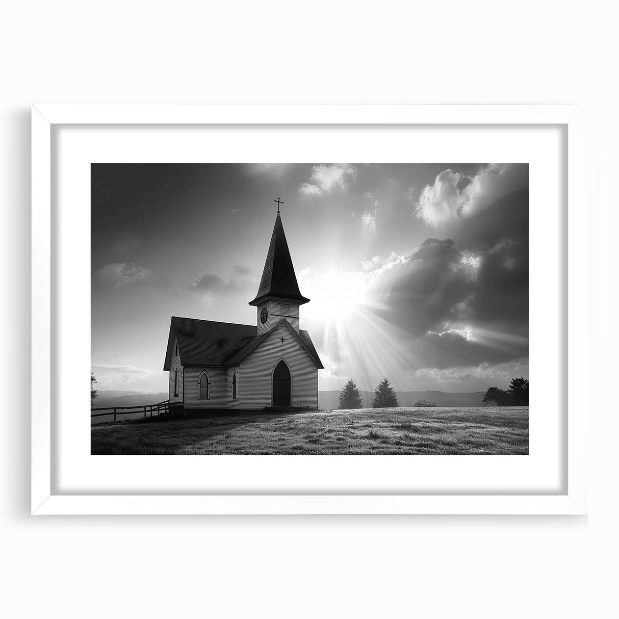 Extra large abstract art print depicting a textured church design in soft gray tones on a white framed canvas.