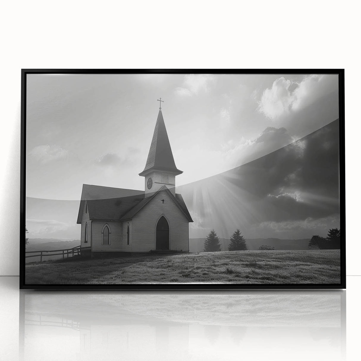 Large abstract wall art featuring a mid-century modernist church design in black and white, framed in acrylic.