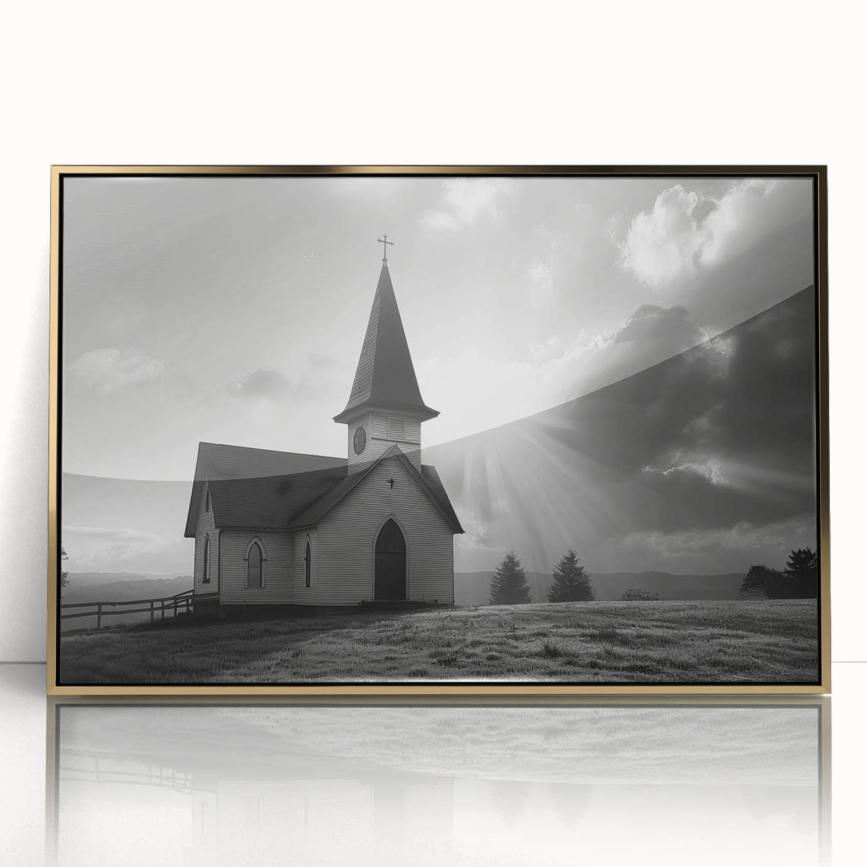 Mid-century modernist church design in gold and white tones on a framed acrylic, suitable for nursery wall art.