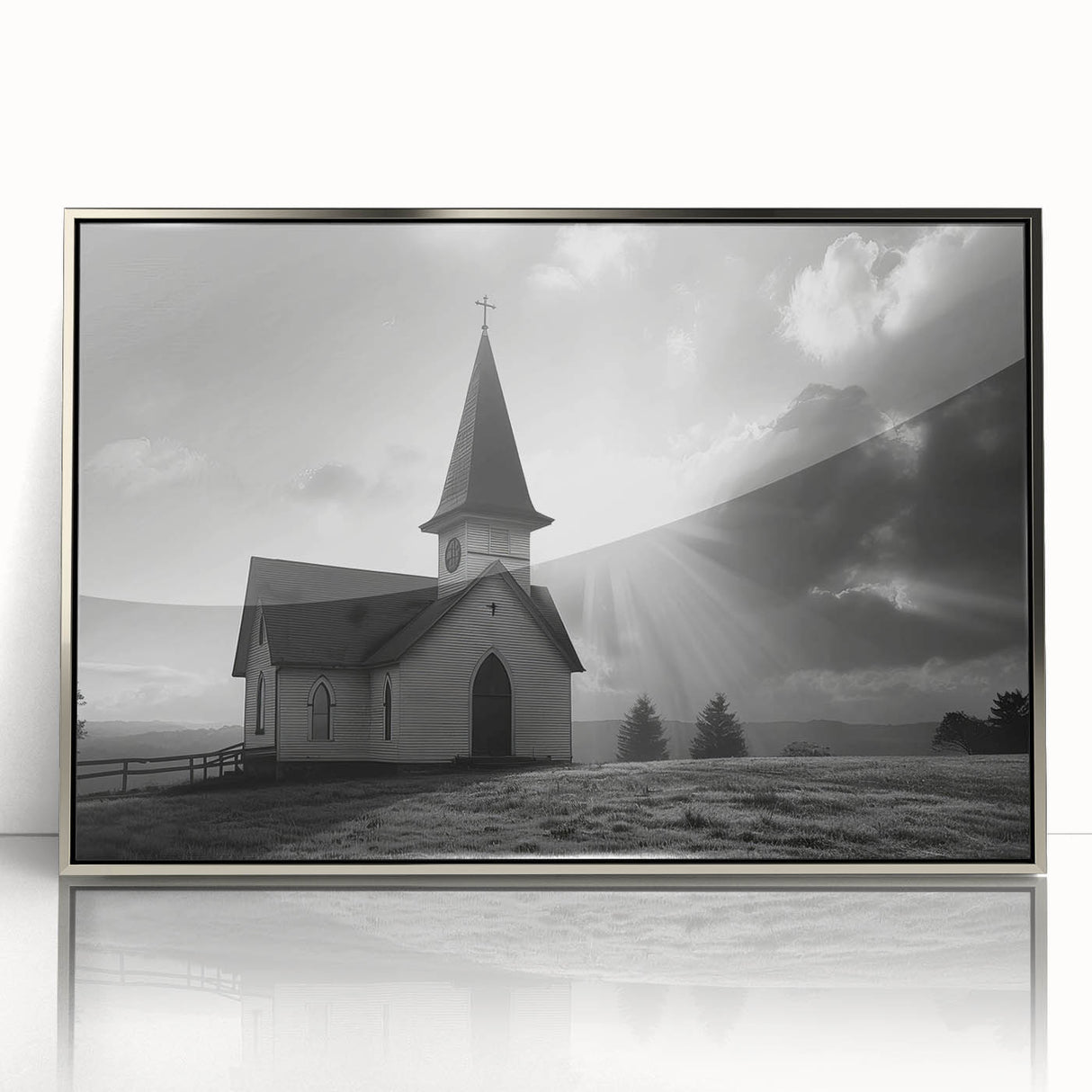 Art Deco poster featuring a stylized church design in silver and gray tones on acrylic, ideal for modern nursery wall art.