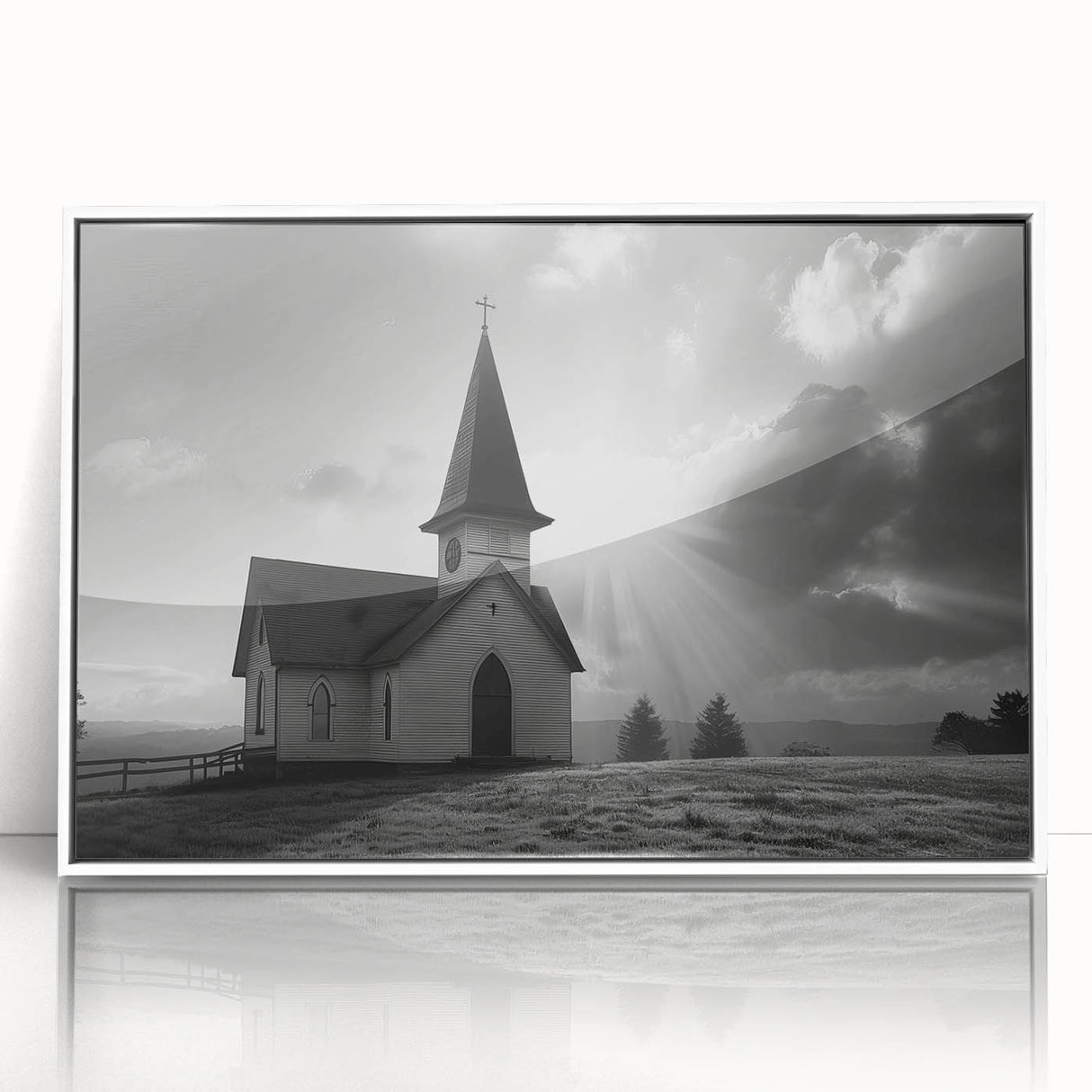 Large art print of a mid-century modernist church in muted gray and blue tones on framed acrylic.