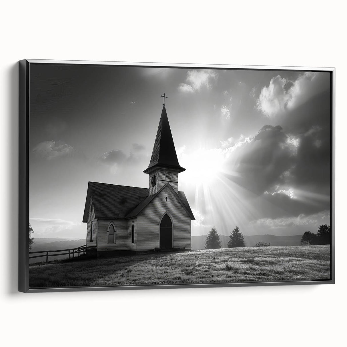 Framed canvas featuring a black and white vintage poster art of a church landscape, ideal for bedroom wall decor.