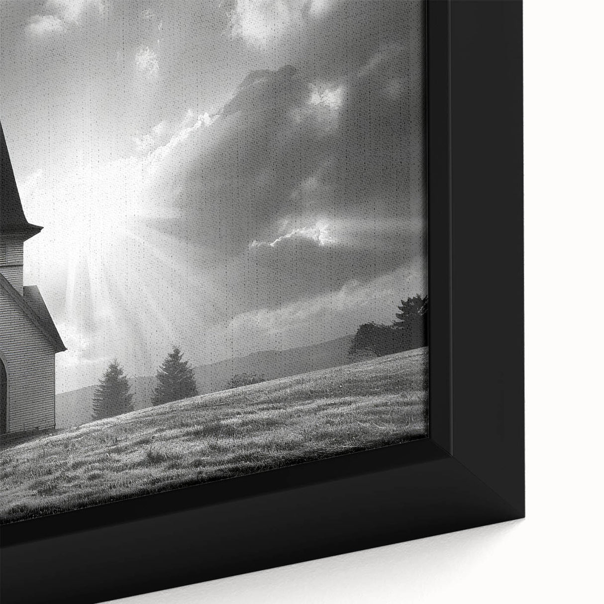 Extra large framed canvas depicting a textured black church design with colorful accents, ideal for living room decor.