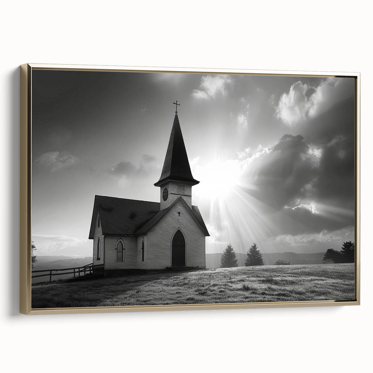 Landscape art painting of a church in vibrant colors on a framed canvas, ideal for living room decor.