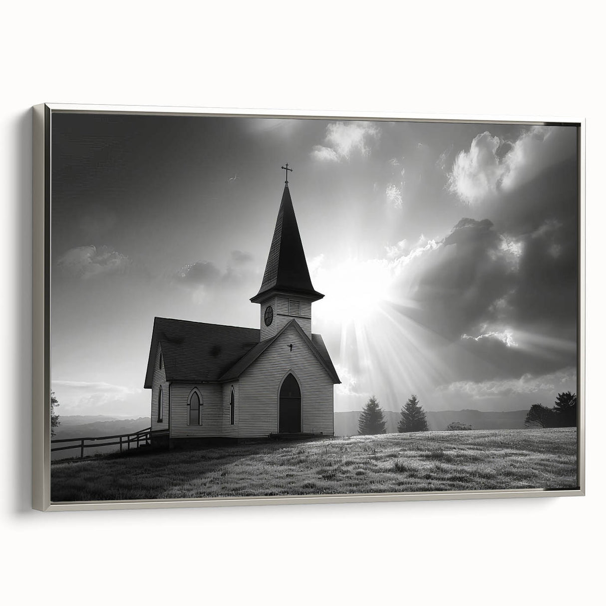 Vintage poster art of a church, in colorful hues on a black background, framed canvas, suitable for living room decor.
