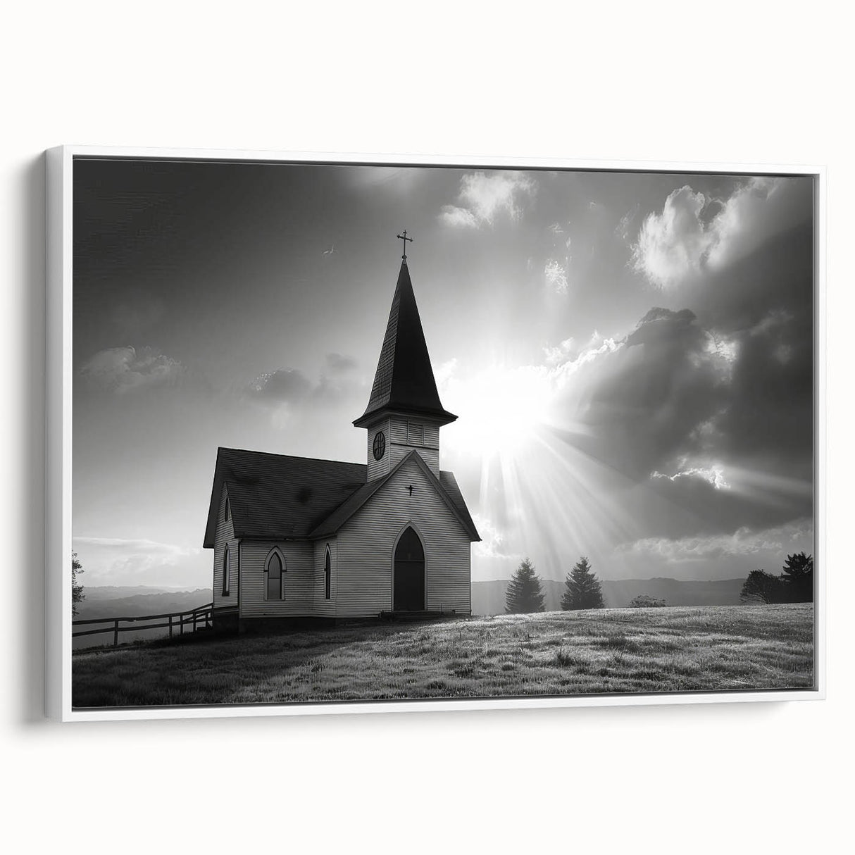 Framed canvas depicting a vintage black and white church landscape, ideal for bedroom wall art.