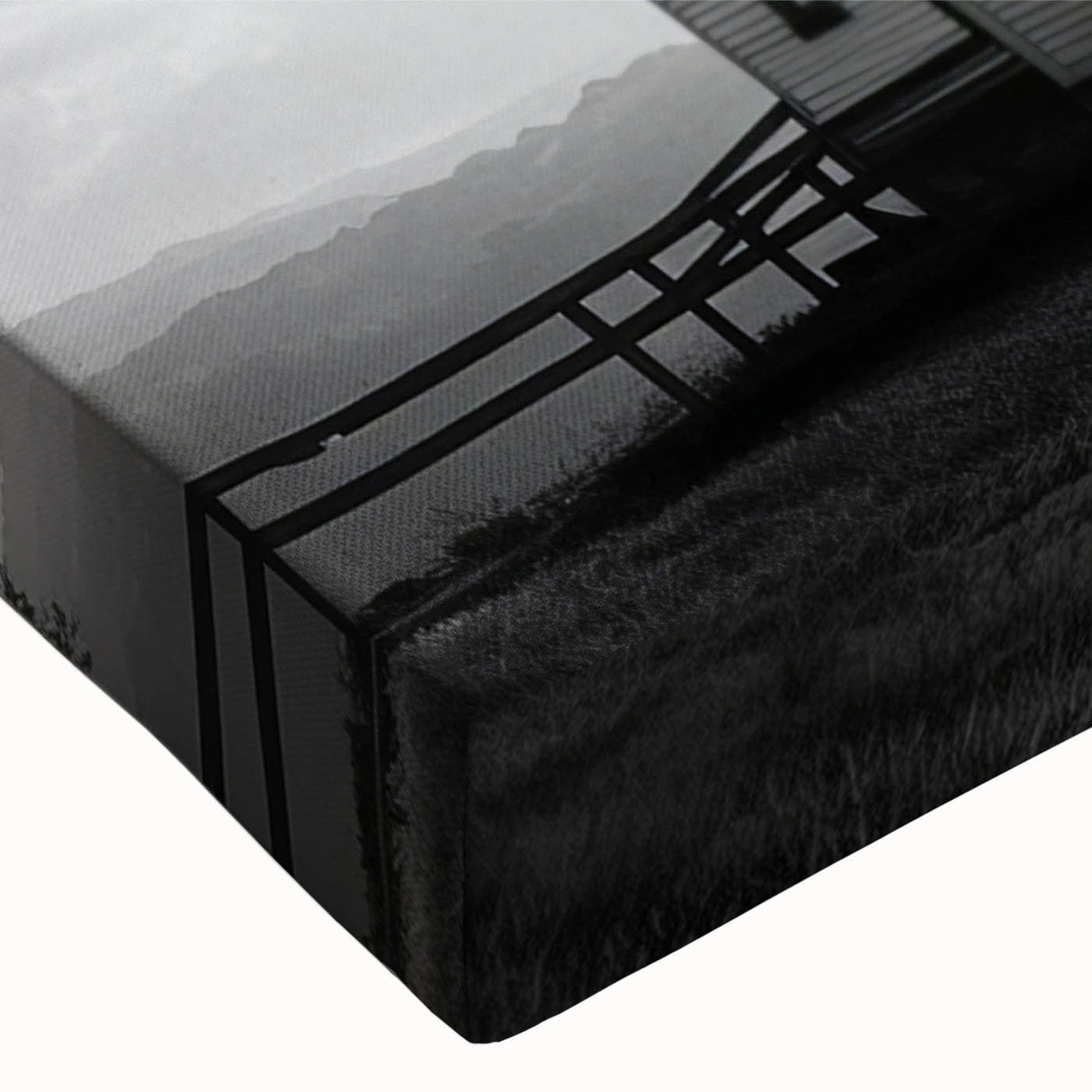 Black and white landscape art painting of a church on stretched canvas, ideal for bedroom wall decor.