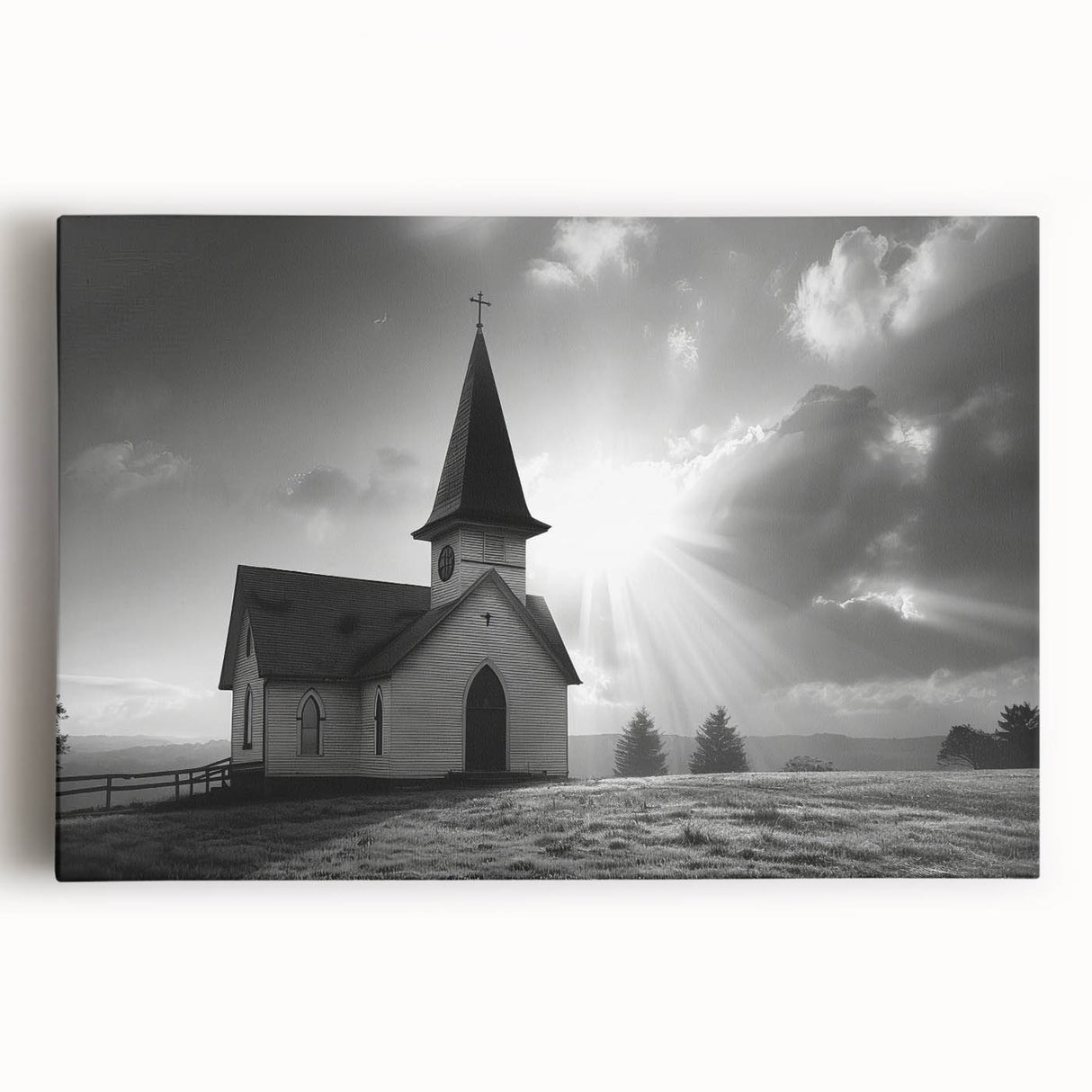 Black and white photo of a church on a stretched canvas, ideal for kitchen wall art.