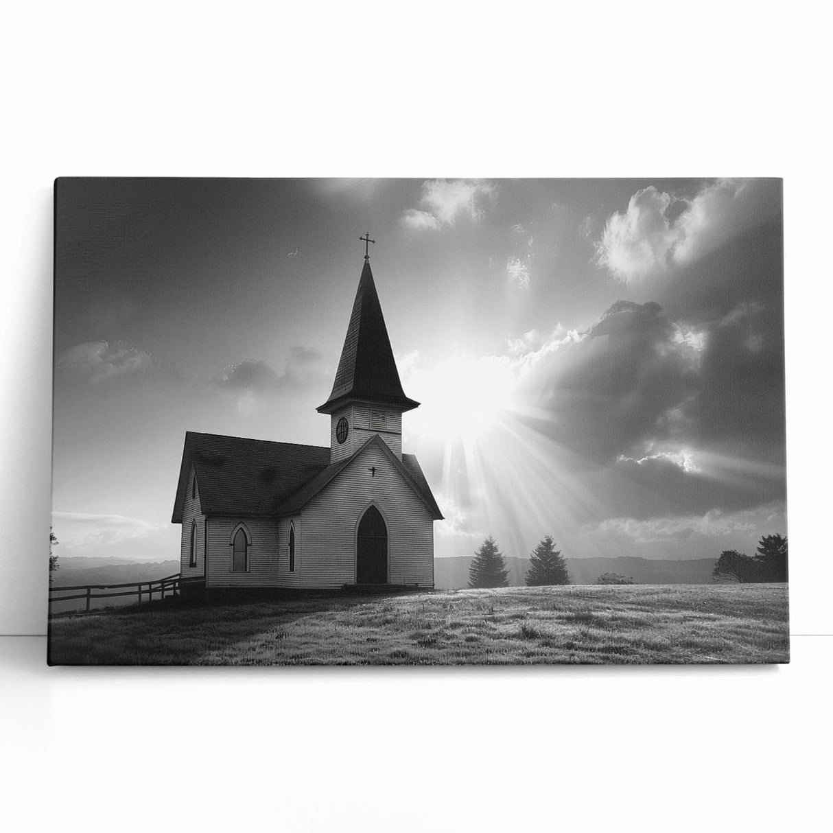 Black and white photograph of a church on stretched canvas, ideal for kitchen wall art or bedroom decor.