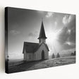 Side view of a large stretched canvas depicting a church in muted earth tones, ideal for kitchen wall art.