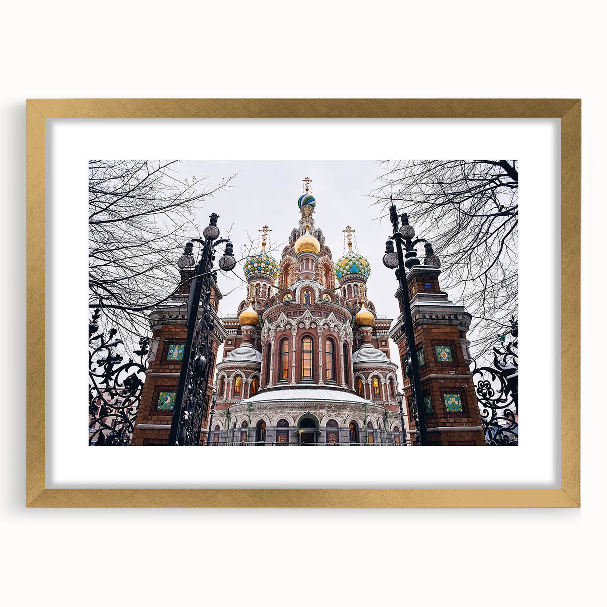 Textured abstract art print of a church in muted gold and white tones on a framed canvas, suitable for bedroom decor.