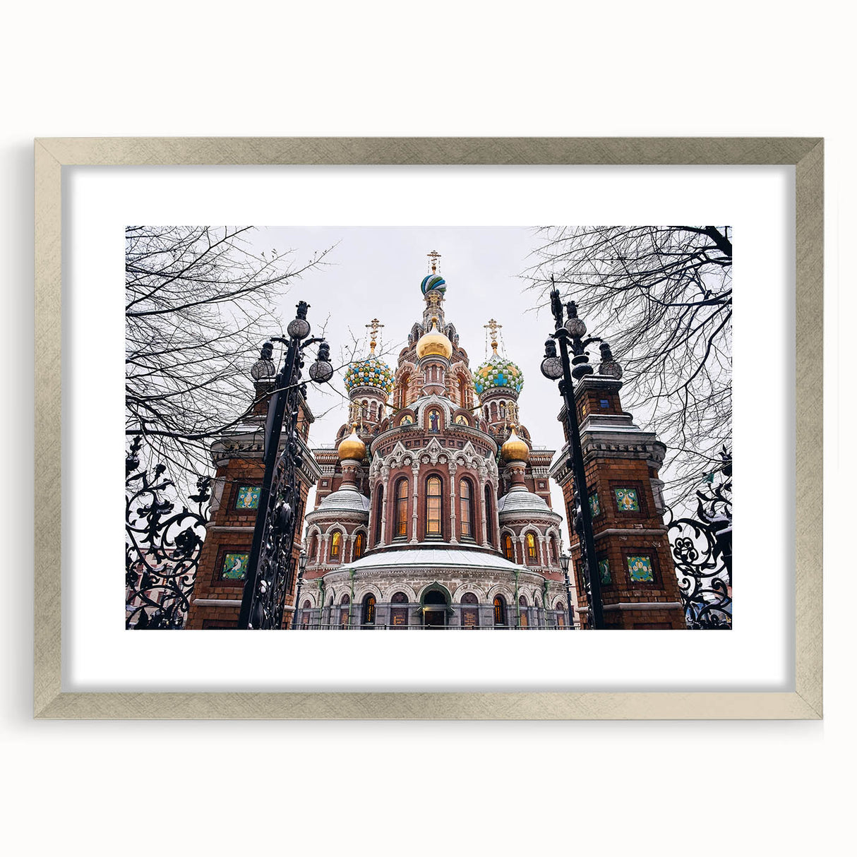 Abstract art print of a church in muted gray and silver tones on a framed canvas, suitable for dining room decor.