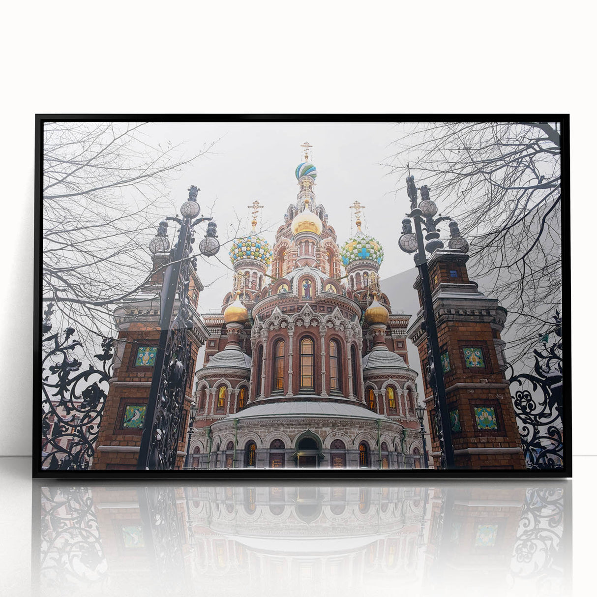 Large abstract wall art featuring a mid-century modernist church design in black and white tones, framed in acrylic.