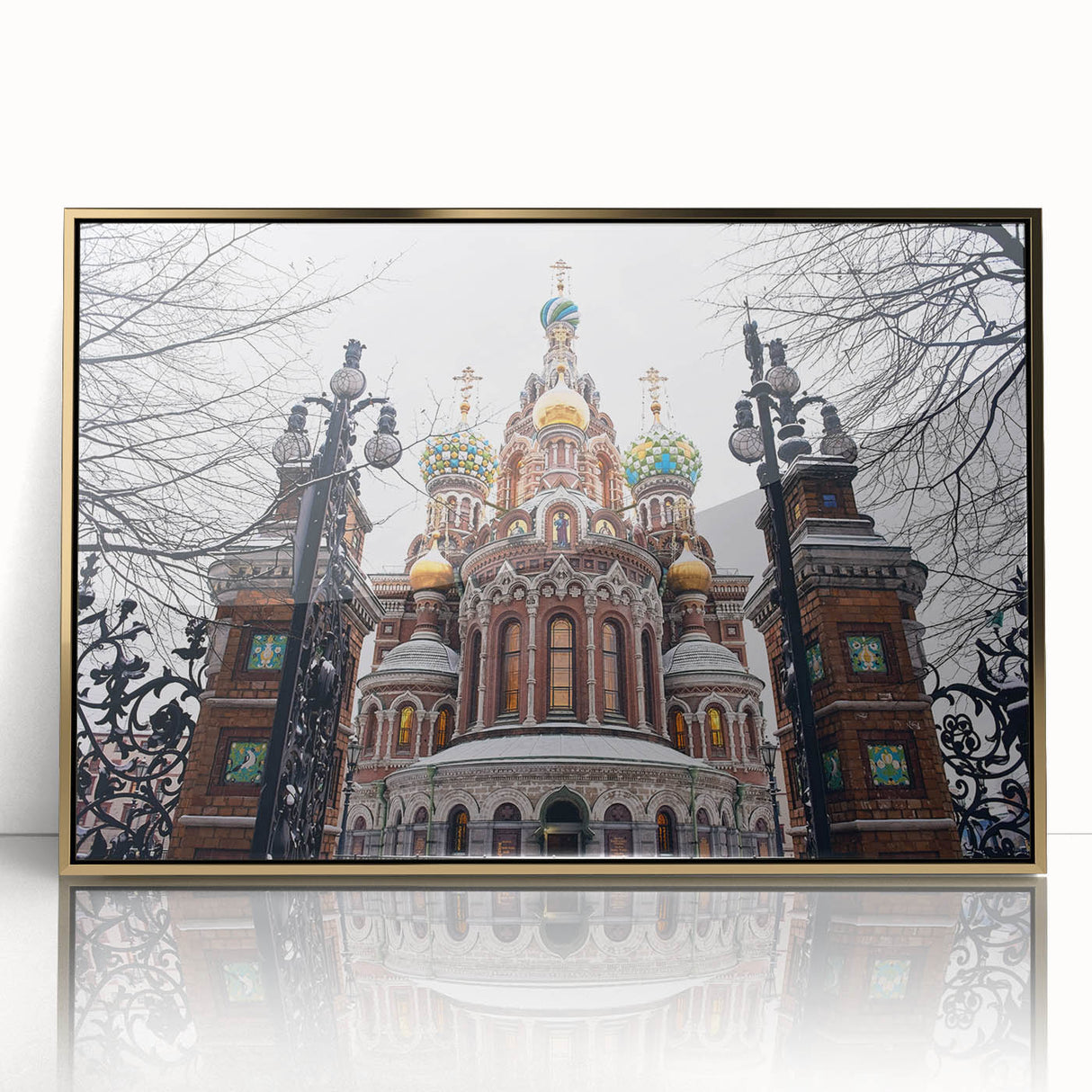 Mid-century modernist acrylic print of a church, with gold and blue hues, ideal for nursery wall art.