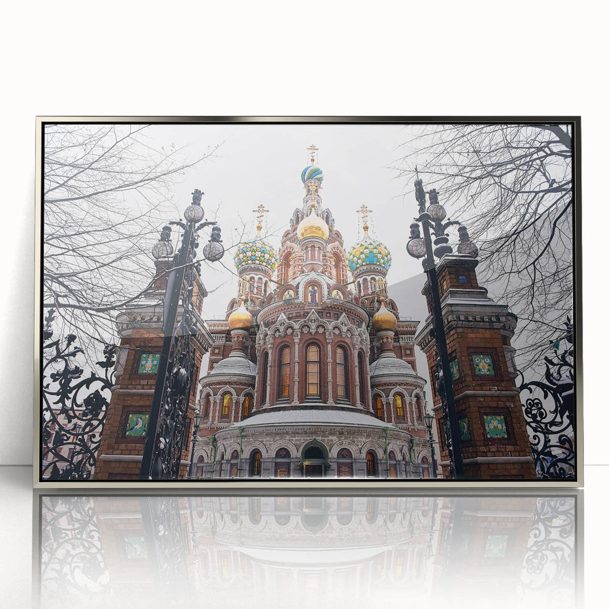 Art Deco poster featuring a stylized church, in muted silver and gray tones on acrylic, ideal for modern nursery decor.