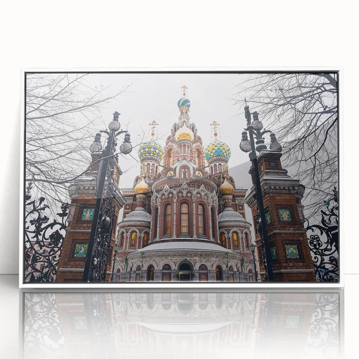 Mid-century modernist church design in muted pastel shades, framed acrylic print, suited for nursery wall art.