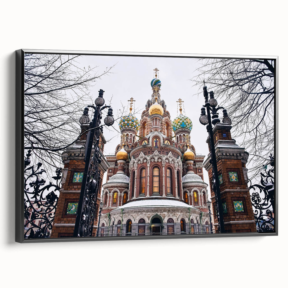 Black and white framed canvas featuring a vintage poster art style landscape of a church, ideal for bedroom wall decor.