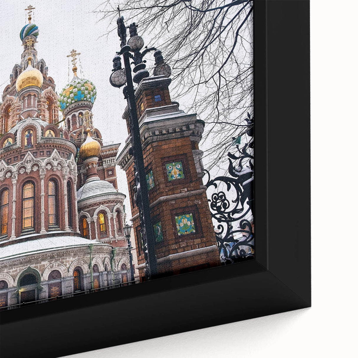 Extra large black wall art featuring a textured depiction of a church, in vibrant colors, framed canvas.