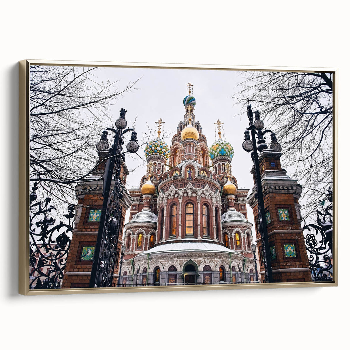 Framed canvas landscape art painting featuring a vintage-style church in colorful hues.
