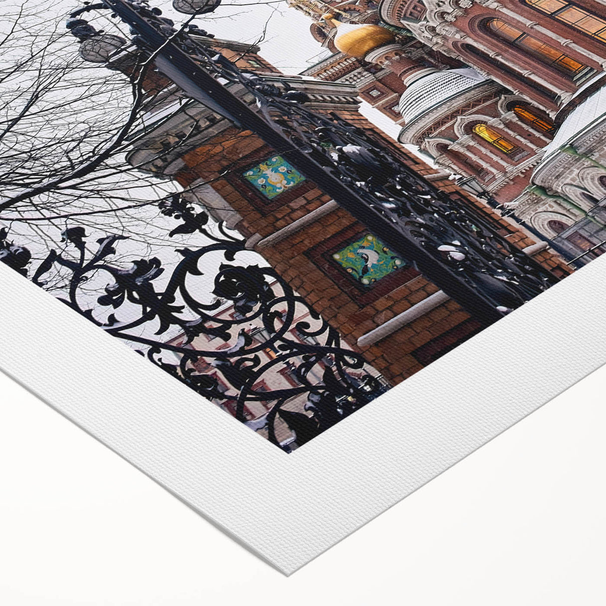 Art deco poster of a geometric church design in muted gold and white tones on rolled canvas.