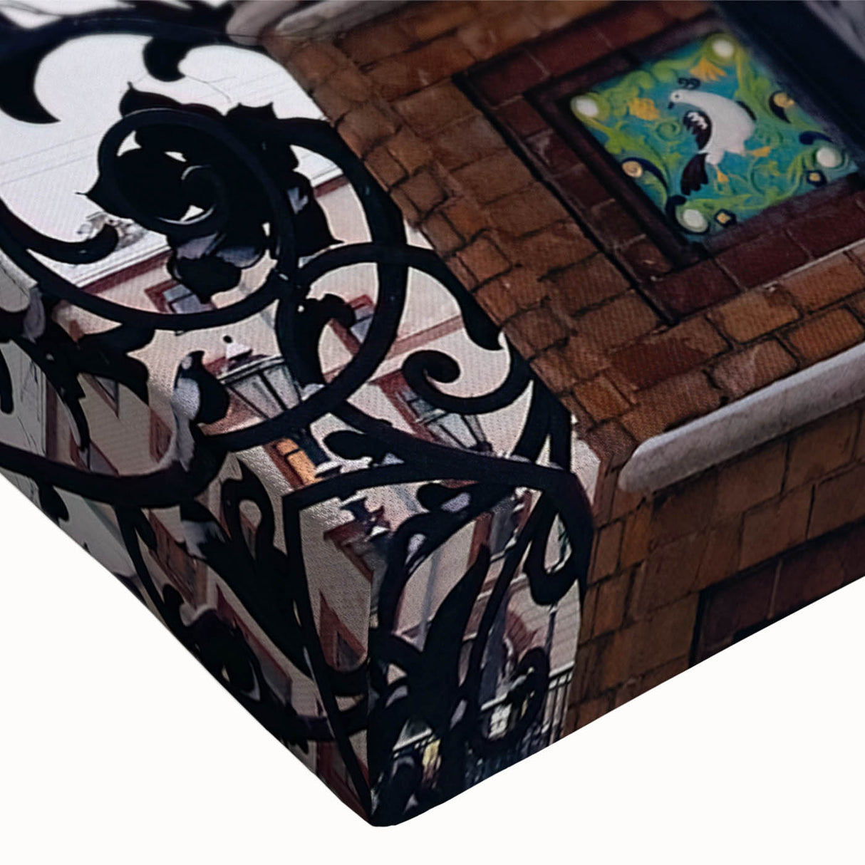 Large art of a black and white landscape painting on stretched canvas, depicting a serene church scene.