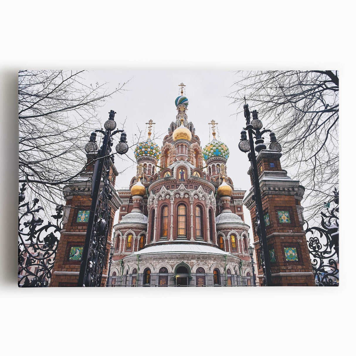 Large black and white photo of a church on stretched canvas, ideal for kitchen wall art.