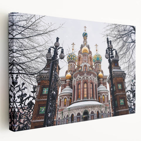 Large canvas print of a classic church architecture in soft beige and white tones, suitable for kitchen wall art.