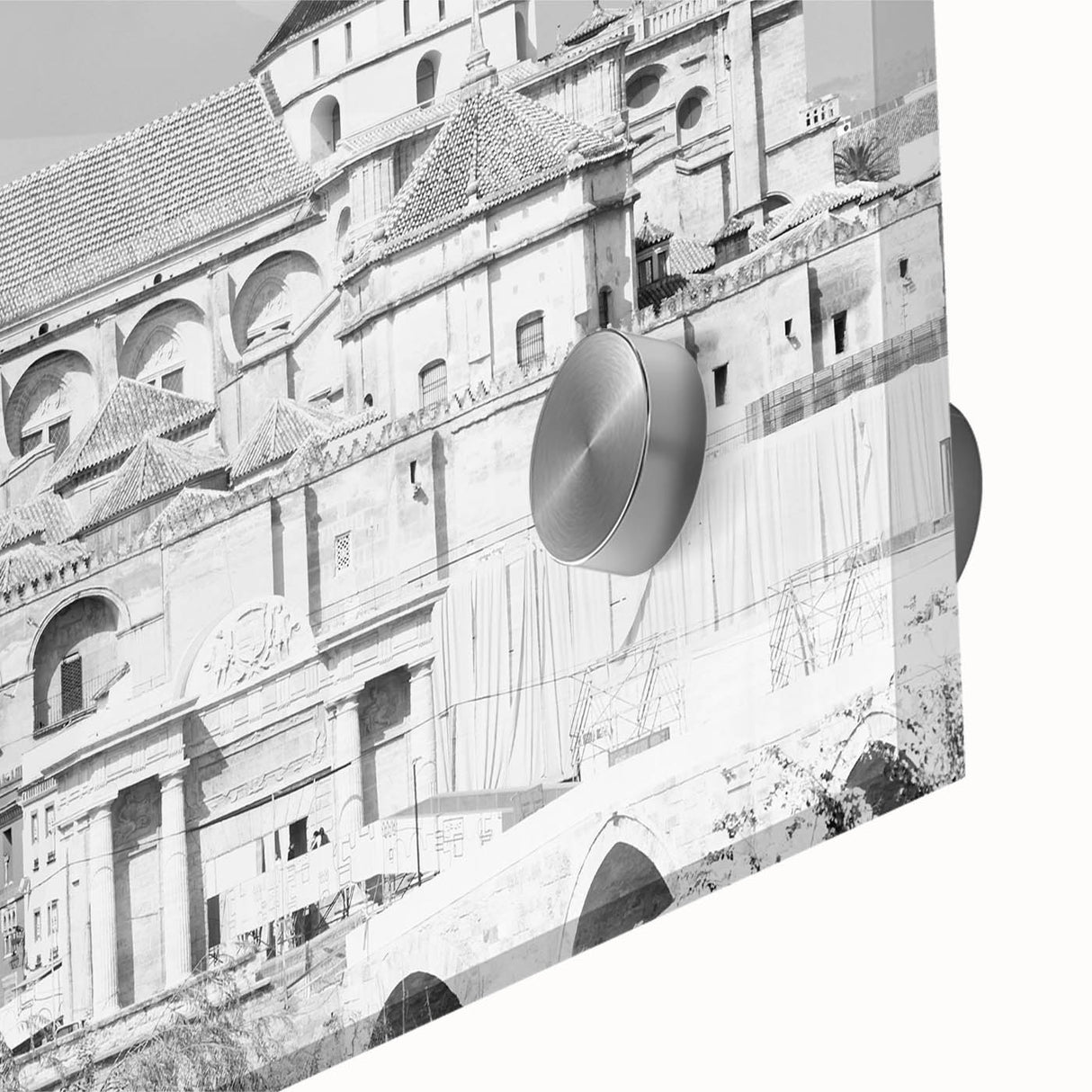 Large abstract wall art featuring a mosque design in muted earth tones on acrylic glass, ideal for dining room art.