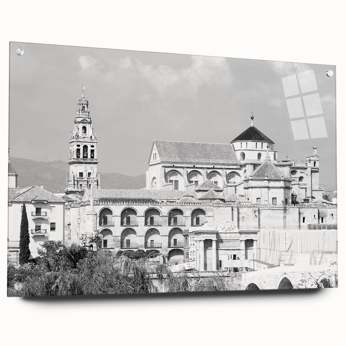 Large abstract design of a mosque in muted gold and blue hues on acrylic glass, suitable for bedroom or dining room decor.