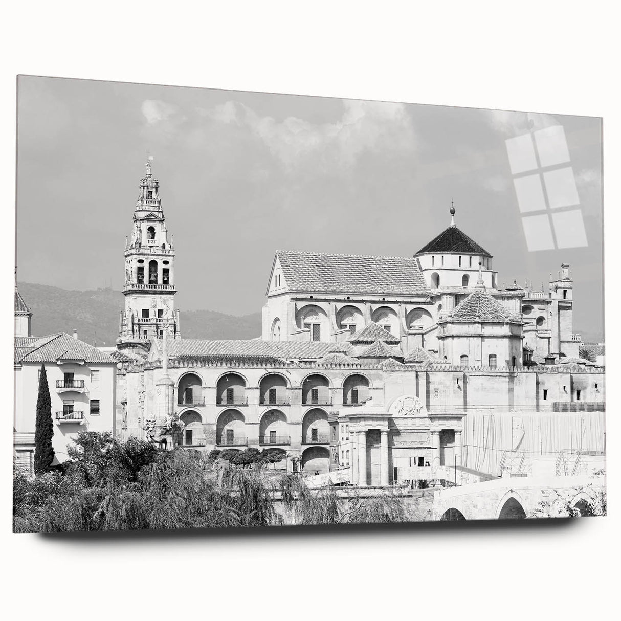 Large abstract acrylic print of a mosque in muted gold and blue tones, ideal for bedroom or dining room art.