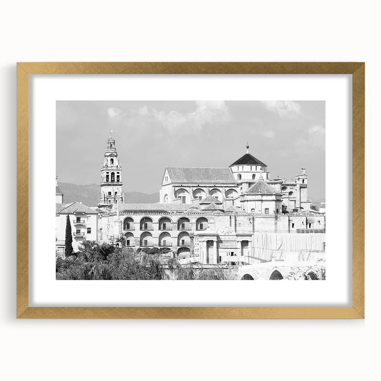 Textured abstract art print of a mosque in muted gold and beige tones, framed with mat, ideal for bedroom art.