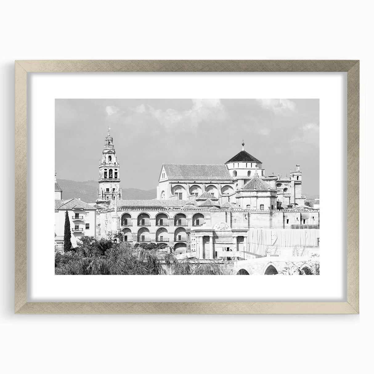 Abstract art print of a mosque in muted silver and gray tones, framed with a silver mat, ideal for dining room decor.