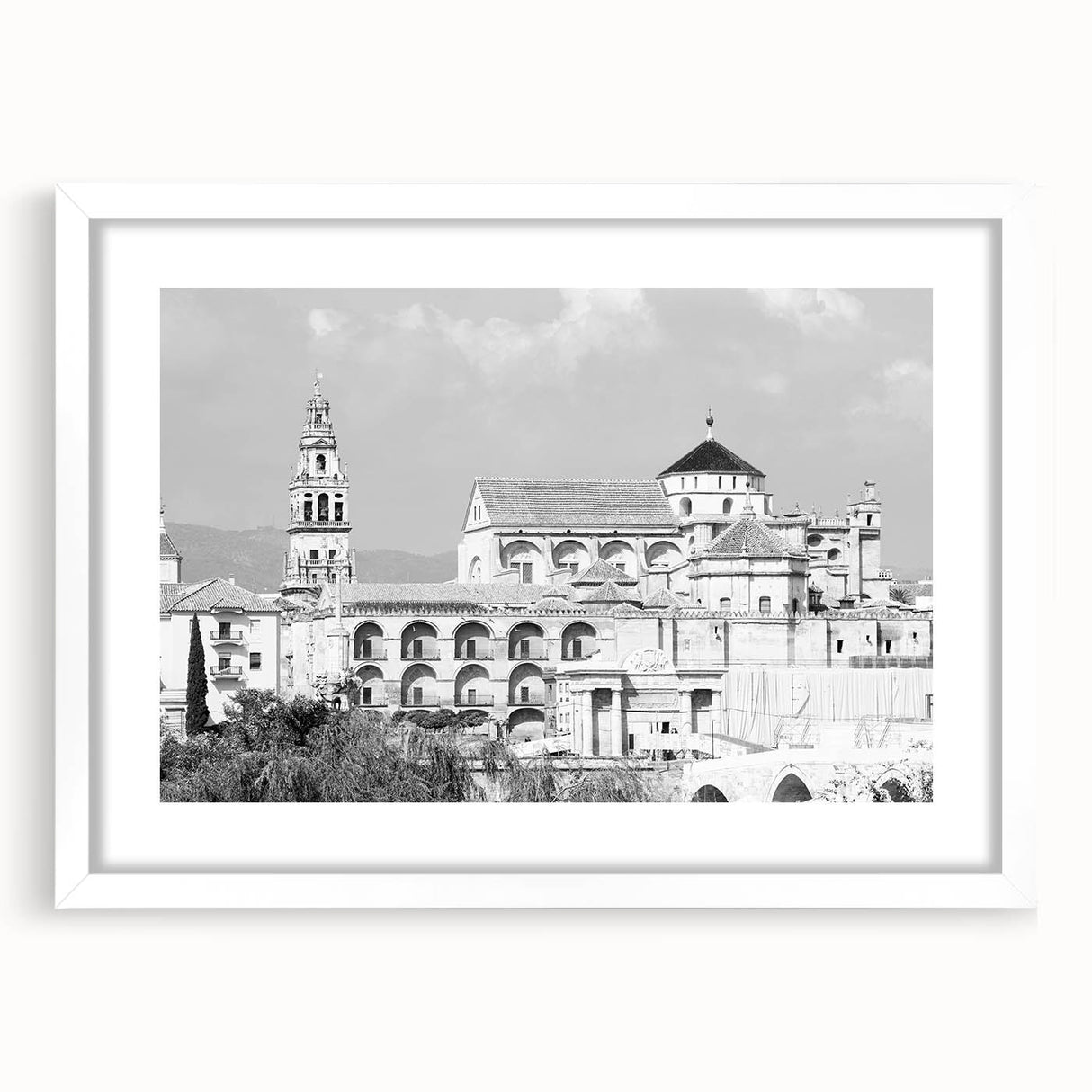 Extra large abstract art print of a mosque in textured style, muted earth tones, framed with white mat.